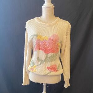 Counterparts Cream Floral Crewneck Sweater with Pink and Yellow Blooms